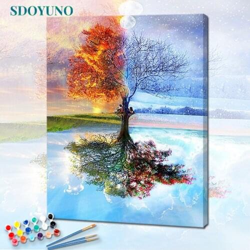 SDOYUNO 60x75cm Paint By Number Canvas Painting Kits Frameless Painting By Numbers On Canvas DIY Four Season trees Coloring