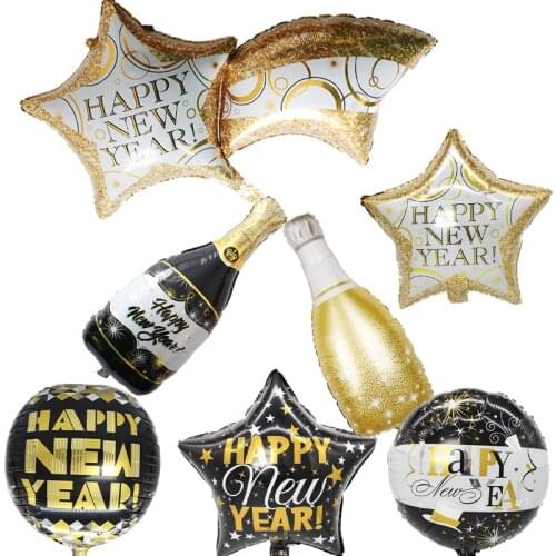2022 Happy New Year Foil Balloon Gold Black Latex Balloon Confetti Set Champagne Bottle New Year Event Party Decoration Supplies