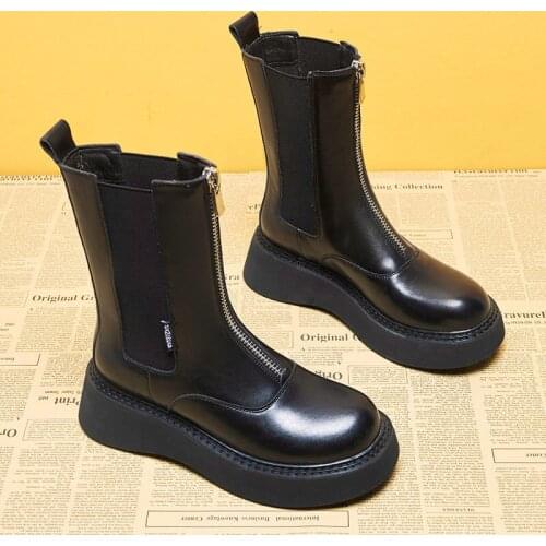 New Autumn Boots Womens Shoes Woman Fashion Round Toe Cow Leather Ankle Boots Winter Stretch Black Comfortable Short Boots