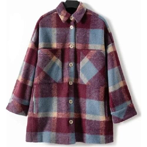 Women Plaid Coat Long Sleeve Single-Breasted Woolen Shirt 2021 Autumn Winter Ladies Fashion Tops Jacket with Pockets