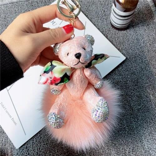 Bow fabric animal bear cartoon girly cute Keychain keyring pom pom fluffy Fox fur bag purse charms funny gifts for women