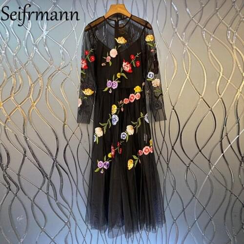 Seifrmann New 2021 Autumn Women Fashion Designer Party Mesh Dress Long Sleeve Gorgeous Embroidery Patchwork Long Dress Vestidos
