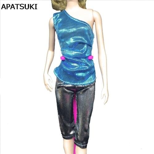 Blue One Shoulder Shirt & Shorts For Barbie Doll Kids Toy Fashion 1/6 Doll Clothes For 1:6 BJD Dolls Accessories