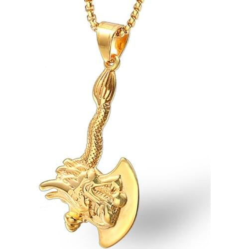 RIR Vintage Punk Jewelry Zodiac Dragon Axe Pendant Necklace Stainless Steel Mens Thai Silver Gold Chain Unique Design Jewelry