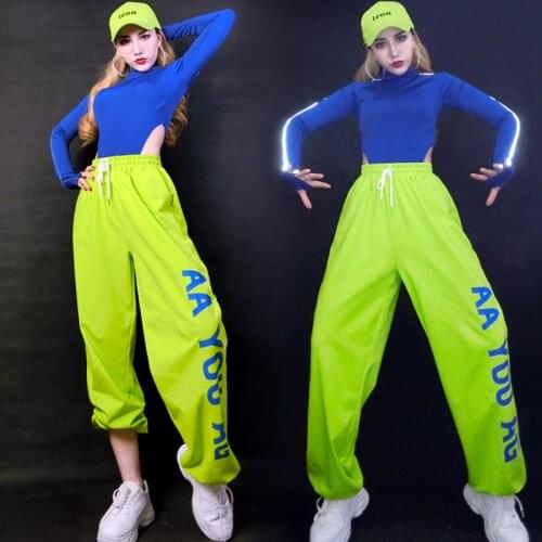 Women Jazz Dance Dj Rave Outfit Blue Bodysuit Green Pants Loose Hip Hop Clothing Adult Nightclub Modern Dance Costume DNV14219