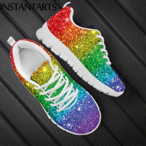 INSTANTARTS Cool Rainbow Glitter Texture Printed Girls Flat Shoes Breathable Slip-on Mesh Sneakers Outdoor Lace up Scarpe Donna