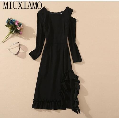 MIUXIMAO 2021 Spring&Summer Newest Elegant Full Sleeve Solid Ruffles Casual asymmetrical Midi Dress Women Vestidos