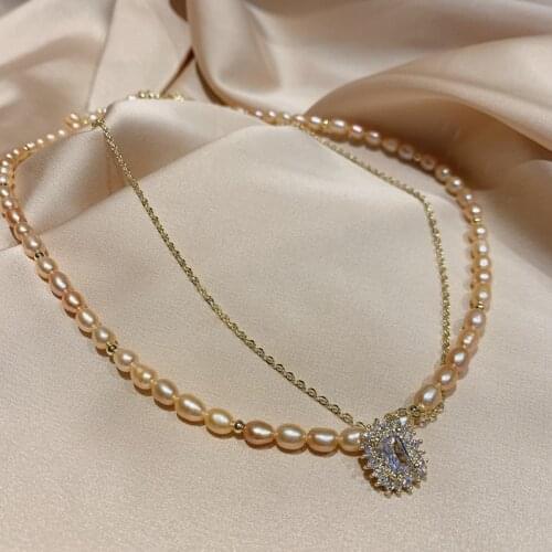 MENGJIQIAO New Arrive Elegant Freshwater Pearl 2 Layers Choker Necklace For Women Lady Fashion Square Zircon Collares Jewelry