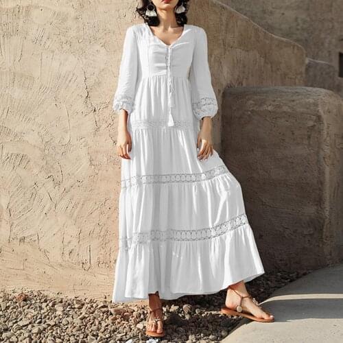 Jastie Patchwork Lace Embroidery Maxi Dress Lace Up V-Neck 3/4 Sleeve Spring Summer Dresses Women Long Beachwear Vestidos 2021