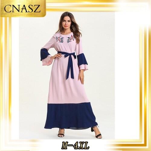 Middle Eastern Muslim fashion large size Autumn abaya femme musulman robe contrast color stitching long sleeve dress