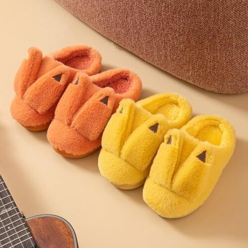 2021 Winter Furry Cute Cartoon Pikachu Childrens Slippers Solid Color Indoor Household Non-slip Warm Cotton Slippers