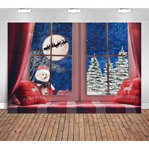 Winter Christmas Photography Backdrop Merry Xmas Window Sill Night Background Landspace Snowman Santa Reindeer Baby Kids Decor