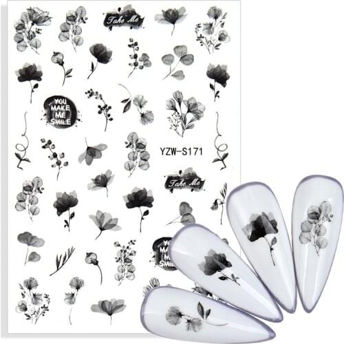 1pcs Nail Stickers with Black Ink Painting Self Adhensive Decal Abstract Smoke Flower Alphabet Leaves Nail Art Beauty Decoration