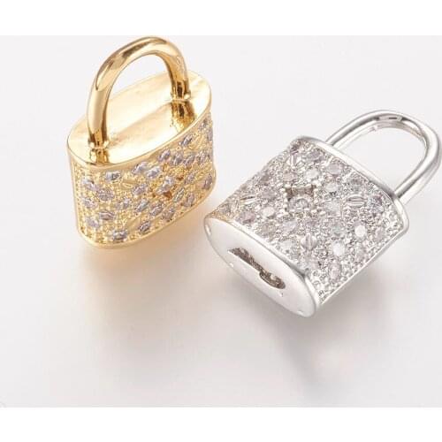 10pc 18.5x11.5x6mm Brass Micro Pave Cubic Zirconia CZ Jewelry Making DIY Pendants, Lock, Mixed Color, Hole: 5.5x6.5mm