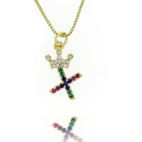 2020 New Product Plating 4K Gold Copper Micro-color Zircon 26 Initials White CZ Crown Small Pendant Charms Choker Necklae