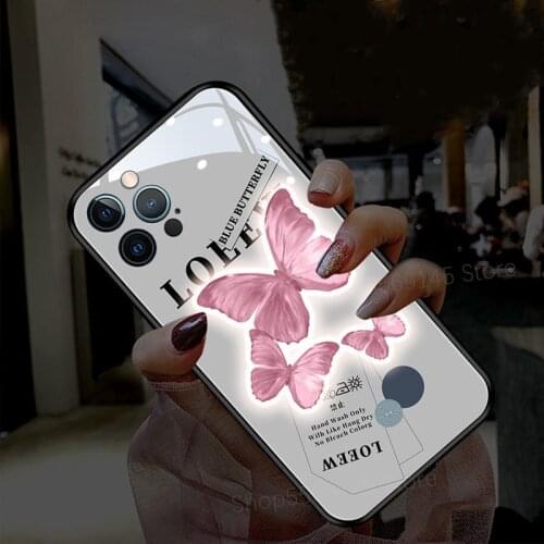 Retro Butterfly Art Painting Phone Case For iPhone 12 Mini 11 Pro Max XS Max XR X 6s 7 8 Plus SE Couples Letter LED Flash Cover