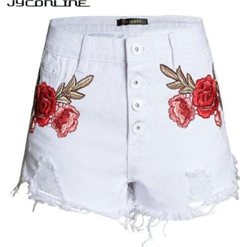 JYConline 2017 Ripped Women Shorts Summer Denim Shorts Women Flower Embroidery High Waist Short Jeans Plus Size Shorts For Women