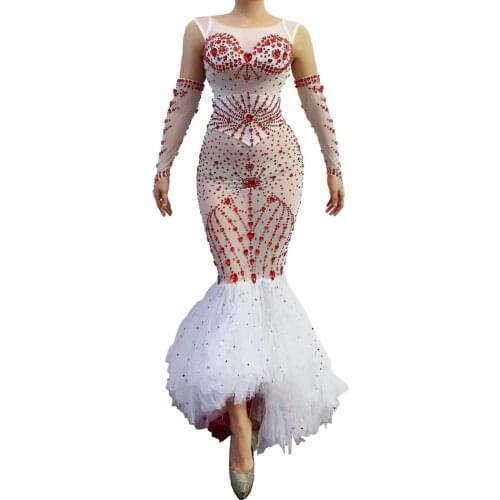 Red Rhinestone Transparent Mermaid Long Dress Gloves Belt Birthday Celebrate White Outfit Prom Women Dancer Dress