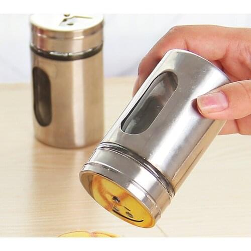 Kitchen Stainless Steel Seasoning Can Rotating Glass Seasoning Pepper Spice Shaker Salt Condiment Bottle Jar Container Castor