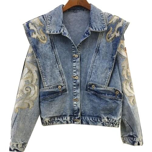 Loose Denim Jacket Womens 2021 Spring Autumn New Beading Embroidery Short Cowboy Tops Coat Fashion Long Sleeve Street Outerwear