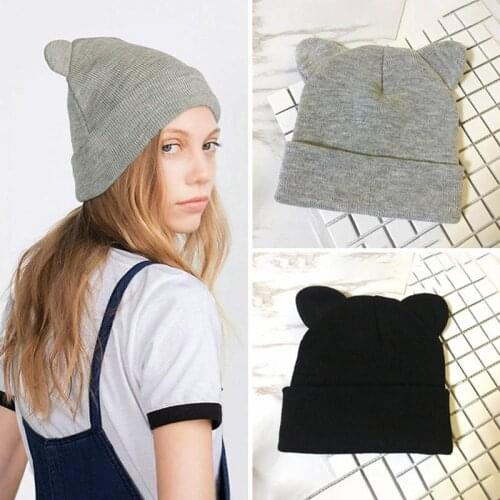 Lovely Warm Winter Casual Skullies Beanies Hat Hot Fashion Design Wool Cap Hat Gray White Cute Cat Ears Knitted Hat