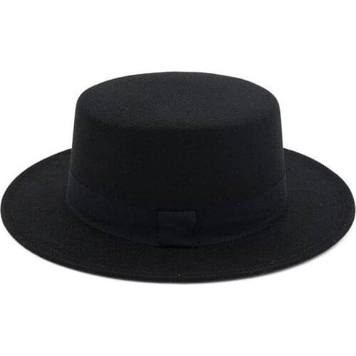 Brand New Wool Boater Flat Top Hat For Womens Felt Wide Brim Fedora Hat Laday Prok Pie Chapeu de Feltro Bowler Gambler Top Hat
