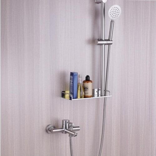 Bathroom shower faucet set slide bar has shelf and sprayer water gun