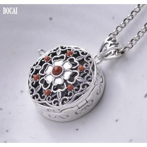 BOCAI New 2021 Fashion S925 Silver Carved Peach Heart Sachet Accessories Southern Red Agate Natural Jade Woman Pendant