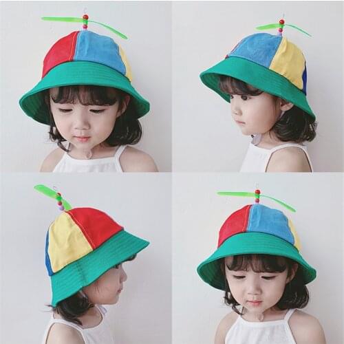 Kids Foldable Bucket Cap with Propeller Children Cute Cotton Bob Hats Sunshade Fisherman Hat Baby Boys Girls Patchwork Sun Hat