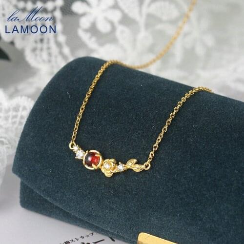 LAMOON Camellia Flower Pendant 925 Silver For Women Natural Garnet Gemstone Handmade 14K Gold Plated Fine Jewelry Korean LMNI124