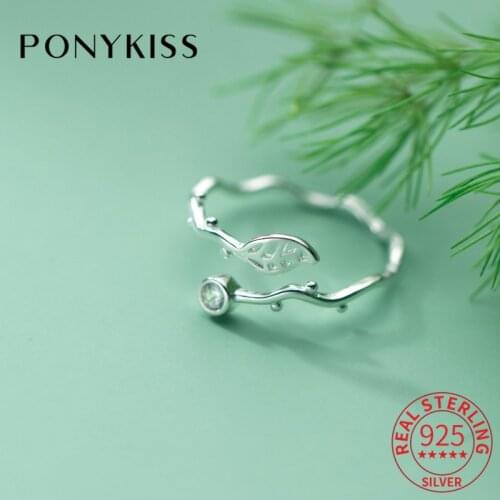 PONYKISS Trendy 925 Sterling Silver Leaf Round Zircon Wave Open Adjustable Rings Women Anniversary Jewelry Minimlist Accessory