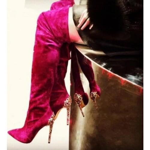 Totem Carved Metal Heel Over The Knee Boot Black Pink Pointed Toe Side Zipper Winter Long Boots Women High Heel Winter Boots