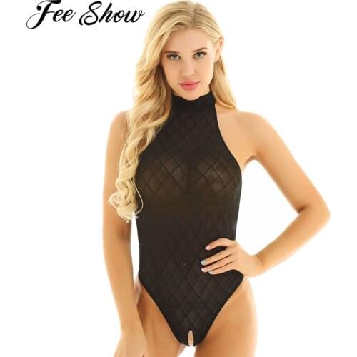 Sexy Womens Lingerie Teddies Nightwear Sleeveless High Cut Bodysuit Transparent Catsuit See Through Mesh Open Crotch Bodysuits