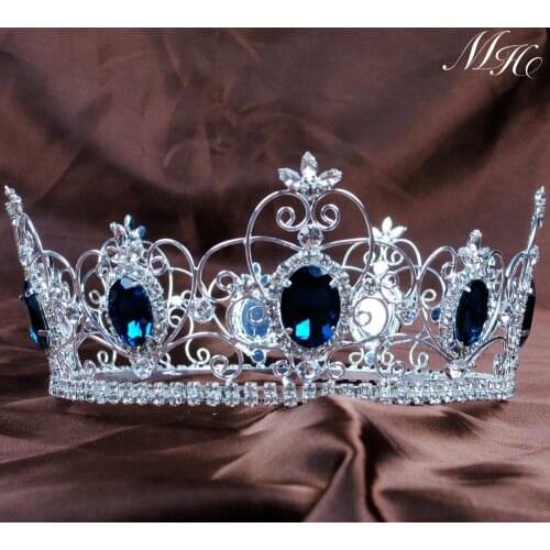 Blue Crystal King Prince Tiaras Crowns 3.5" Unisex Full Round Hair Jewelry Clear Rhinestone Pageant Party Costumes Art Deco