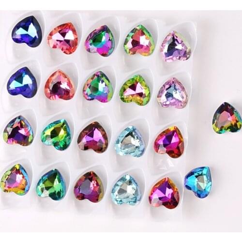 Glass crystal 10mm 20pcs/p heart shape Rainbow & Jelly candy AB colors point back Glue on rhinestone beads applique diy trimming