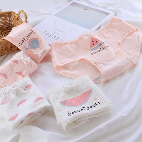 5PCS beauty girl beriefs Pink white watermelon Lolita cute sweet girl briefs, hip-wrapped cotton crotch mid-waist womens pantie