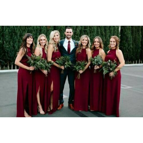 Vintage Long Satin Halter Burgundy Mermaid Bridesmaid Dresses Floor Length Zipper Formal Wedding Party Dresses with Slit