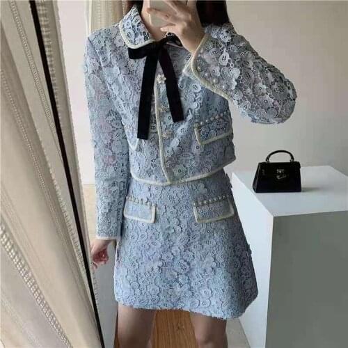 Women Skirt 2021 Early Autumn Blue Lace Pearl Buckle Three-dimensional Layered Flower Long-sleevd Short Top Mini Skirt