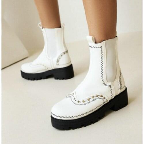 ZawsThia White Blue Winter Autumn Female Shoes Round Toe Stitching Studded Rivets Thick Sole Platform Women Goth Chelsea Boots