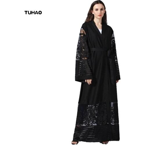 TUHAO Winter Autumn Musilim Dress New Female Lace Vestido Cardigan Maxi Long Elegant Flare Sleeve loose Women Dresses ST32