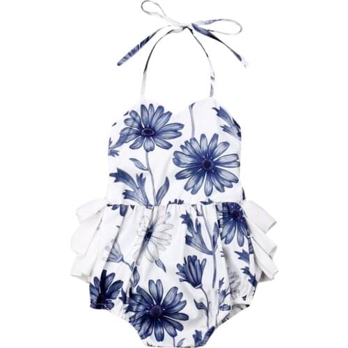 Baby Girls Floral Halter Bodysuit Sleeveless Lace-up Flowers Sunsuit Baby Girl Clothes Backless Ruffles Jumpsuit 0-24M