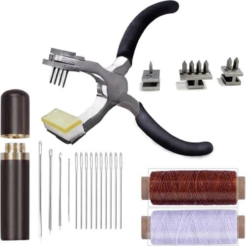 LMDZ Black Stitching Hole Punch ,4mm Silent Leather Hand Pliers with Leather Needle,Wooden Needle Case,Waxed Thread for Belts