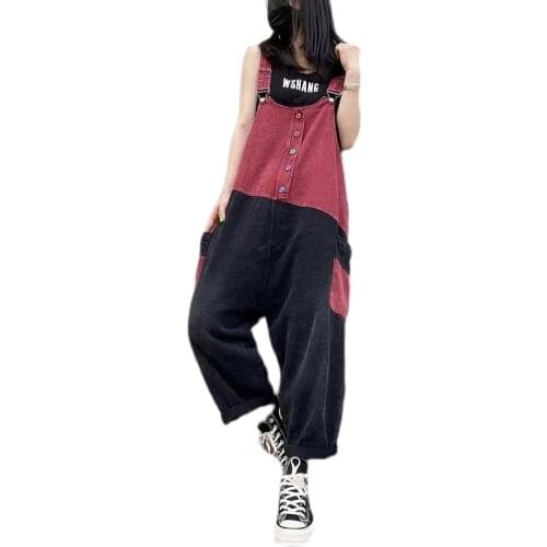 Denim overalls Women Spliced Streetwear Jean Jumpsuits Baggy Pockets Strap Cowboy Cross-pants Wide Leg Cargo Rompers Trousers