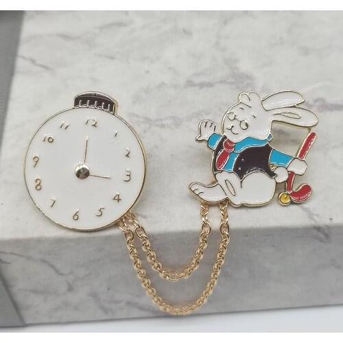 Anime Cartoon Clock And Bunny Brooches Enamel Pins Lapel Pin Clothes Metal Badges Jewelry Accessories Gift For Kids/Friends
