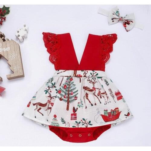 Ins Style Christmas Baby Girl Clothes 2021 Newborn Bodysuit+hairband 2pcs Cotton Sleeveless Clothing Lace Flowers Jumpsuit 0-24m