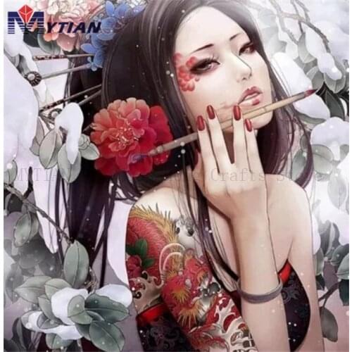 Beautiful Asian Lady with Tattoos,Diamond Painting Art Kit,Full Round Square Drill Diamond Embroidery Mosaic Handmade Home Decor