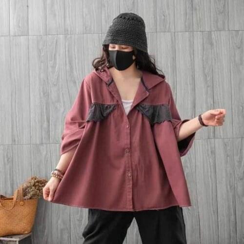 2021 Autumn New Ethnic Style Retro Hooded Short Jacket Womens Fashion Ruffled Single-breasted Oversize Cotton Coats Female e357