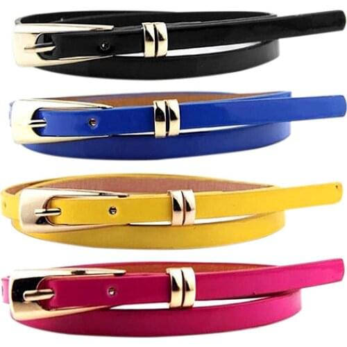 Hot Sales Fashion Women Candy Color Thin Narrow Faux Leather Dress Belt Buckle Waistband