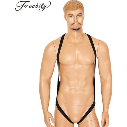 Men Mankini bodysuit Jockstrap Underwear One-piece Lingerie Body Chest harness Halter Neck Elastic Wide Straps Leotard Bodysuit