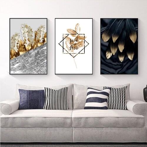 Abstract Flower Wall Art Nordic Black Gold Feather Canvas Painting Scandinavian HD Prints Poster for Living Room Dcoration